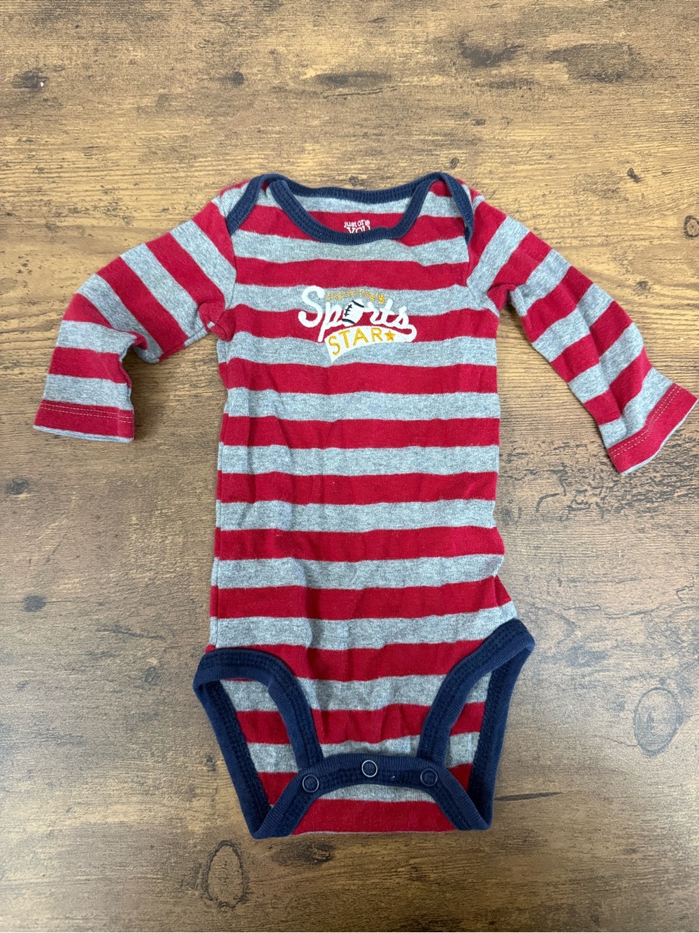 ⭐️5 for $20⭐️ Striped Red & Gray Sports Star Baby One-Piece with Navy Trim 3M